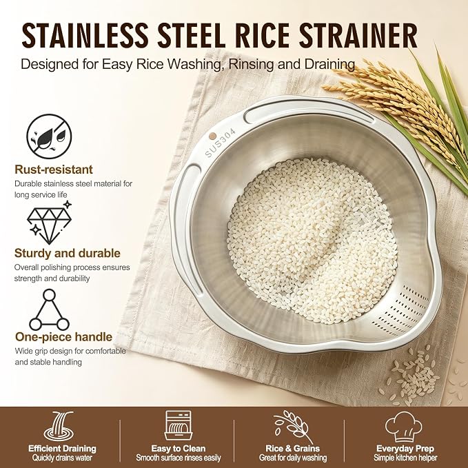 Palksky Rice Strainer & Rice Washing Bowl Stainless Steel - 5.6 Qt Professional Fine Mesh Rice Washer for Kitchen - Heavy Duty Rice Rinser, Cleaner & Drainer Colander for Quinoa, Grains & Fruit - Image 3