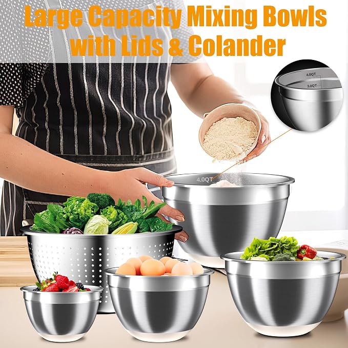 Mixing Bowls with Airtight Lids Set, 4 Stainless Steel Bowls Nesting Bowls & Colander, Kitchen Organizers and Storage Non-Slip Bottom, Size 1.5/2.0/2.5/4.5QT, Great for Mixing & Serving, Khaki - Image 4