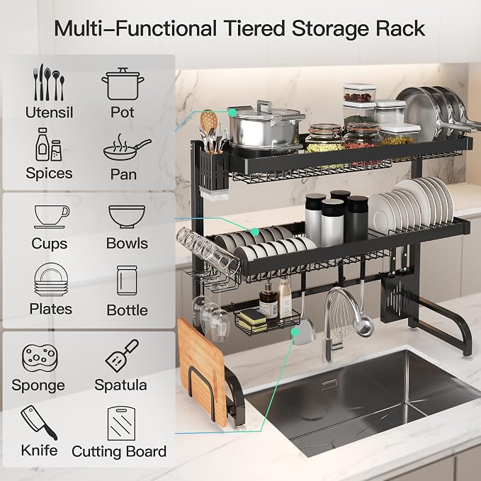 3 Tier Extra Large Stainless Steel Over The Sink Dish Drying Rack | Rust Proof Metal, Expandable Kitchen Sink Drainer, Counter Space Saving, Heavy Duty, Modern Black, Multifunctional Storage - Image 4