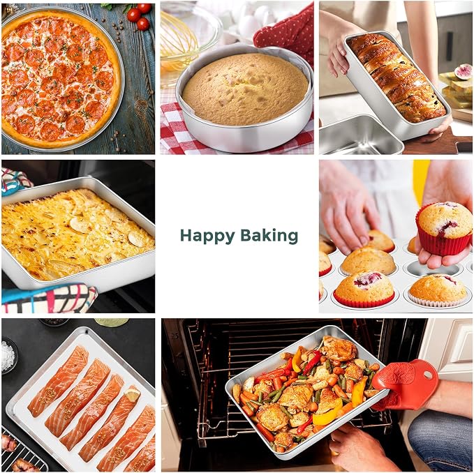 E-far 12-Piece Bakeware Sets, Stainless Steel Baking Pan Set Includes Cookie Sheet, Round Square Rectangle Cake Pans with Lids, Multi-Functional for Loaf Muffin Pizza, Non-toxic & Dishwasher Safe - Image 6