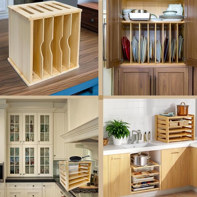 6 Tier Wood Cabinet Vertical Tray Dividers, 16.73in x14.13in x12.4in | Wooden Organizer For Sheets, for Cookie Sheet, Baking Trays, Cutting Board, Pans, for Organizing Cabinets, 5Y Warranty - Image 5