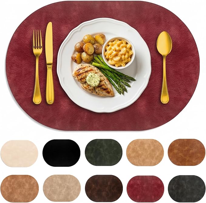 Placemats, Oval Placemats 2mm Ultra Thick Faux Leather Table Mats, Heat Resistant Waterproof Wipeable Dining Mats for Kitchen Table, Set of 4, Wine Red by BIPASION