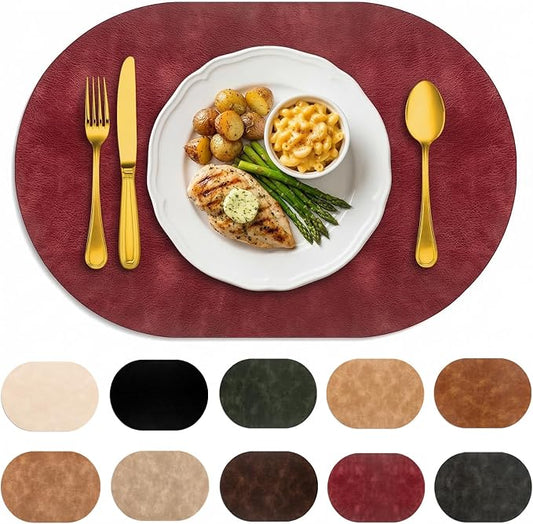 Placemats, Oval Placemats 2mm Ultra Thick Faux Leather Table Mats, Heat Resistant Waterproof Wipeable Dining Mats for Kitchen Table, Set of 4, Wine Red by BIPASION