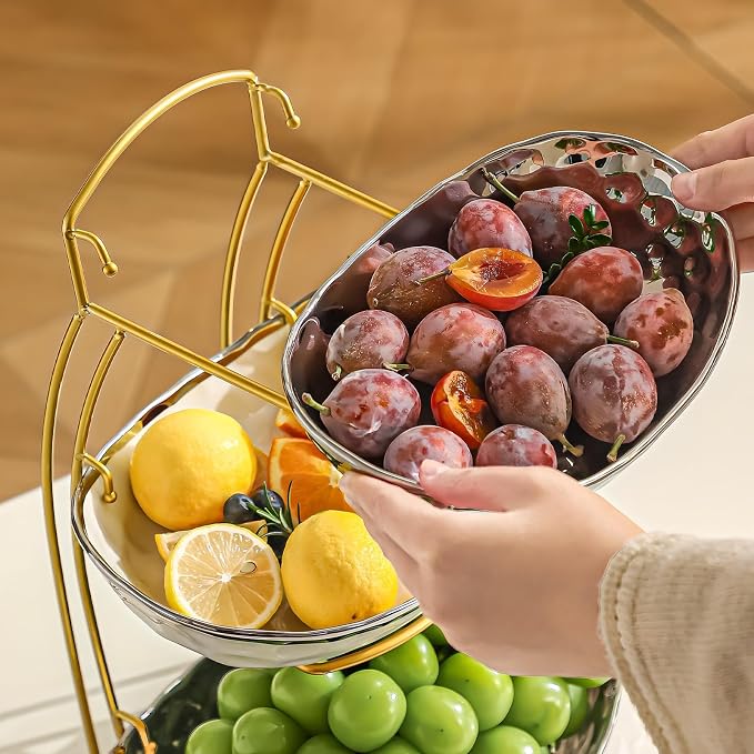 XUDREZ 2 Tier/ 3 Tier Fruit Bowl with Metal Stand for Kitchen Counter, Ceramic Gold Silver White, Portable Tiered Fruit Basket Fruit Rack for Nuts, Snacks, Bread, Candy Storage (White A, 3 Tier) - Image 6
