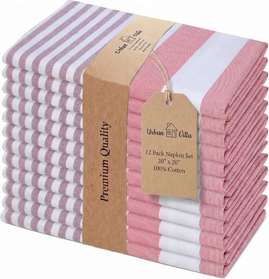 Urban Villa Cloth Napkins Cotton 20x20 (Set of 12) Garnet Red Stripes by CottonTrends