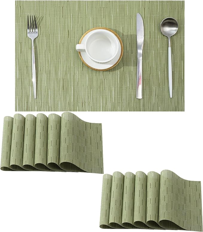 Leetaltree Pea Green Placemats Set of 12 - Heat Resistant Non-Slip Place mats for Dining Table, Washable Durable PVC Vinyl Woven Table Mats（Pea Green, 12） by Leetaltree-ArtatEveryTable