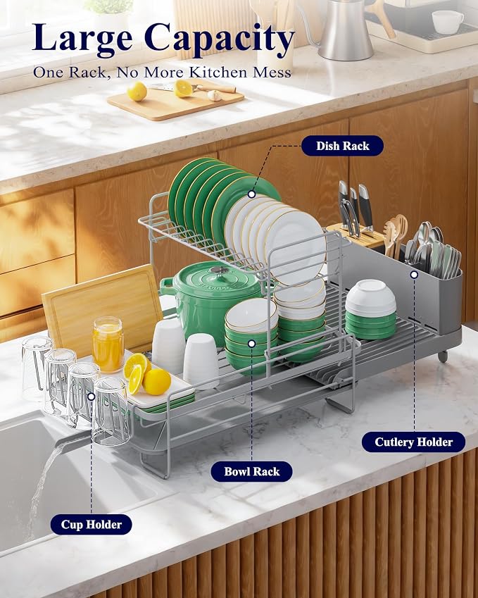 Kitsure Extendable Dish Drying Rack, 19.2"-26.7" L x 12.9" W, 2-Tier | Large Dish Rack, Multifunctional Dish Rack for Kitchen Counter, Anti-Rust Dish Drainers with Cutlery & Cup Holders,Grey - Image 2