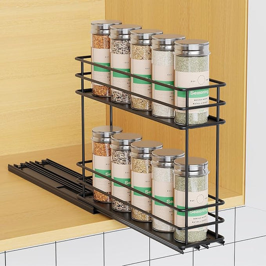Mystozer Pull Out Spice Rack Organizer for Cabinet, Slide Out Spice Racks, Easy to Install Spice Cabinet Organizer, 2.5" Wx10.43 Dx8.26 H, 1 Drawer 2 Tiers（Black） by Mystozer