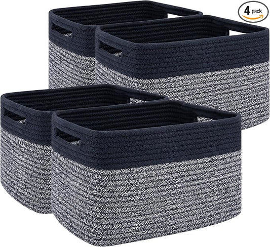 4 Pack Storage Baskets for Organizing, Woven Baskets for Shelves - Perfect for Toys, Books, Towels, and Clothes, Durable Gift Basket Bins Toy Storage, 12.7''L x9''W x7.8''H, Blue and Grey by SIXDOVE