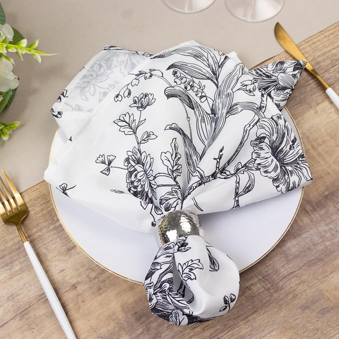 Efavormart Premium 5 Pack Polyester Dinner Napkins 20"x20" White with Black French Toile Pattern - Chic Floral Cloth Napkins - Image 2