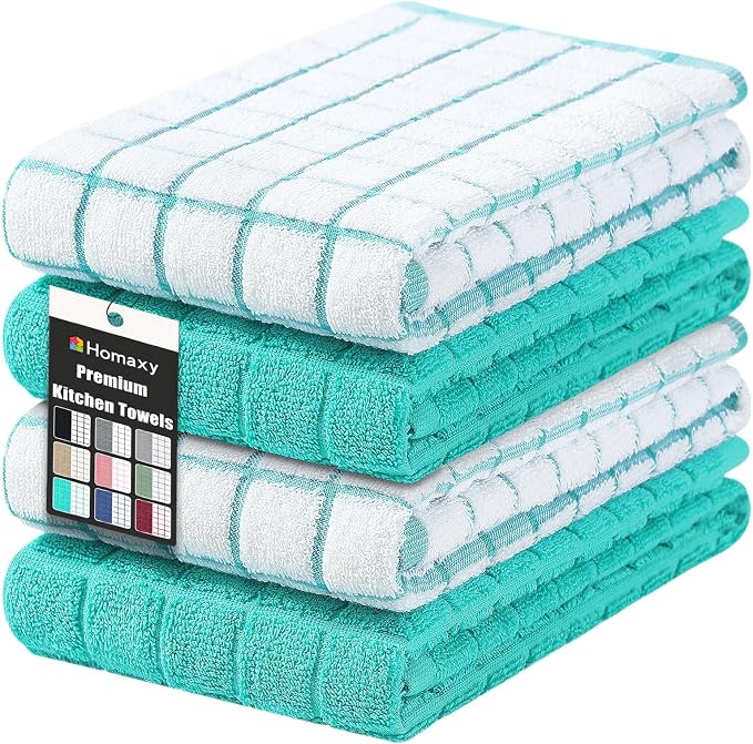 Homaxy Large Premium Cotton Kitchen Towels 16"x 28", 4 Pack, Aqua | Natural Ring Spun 390 GSM Dish Towels, Super Absorbent Terry Kitchen Hand Towels, Soft Tea Towels with Hanging Loop by Homaxy