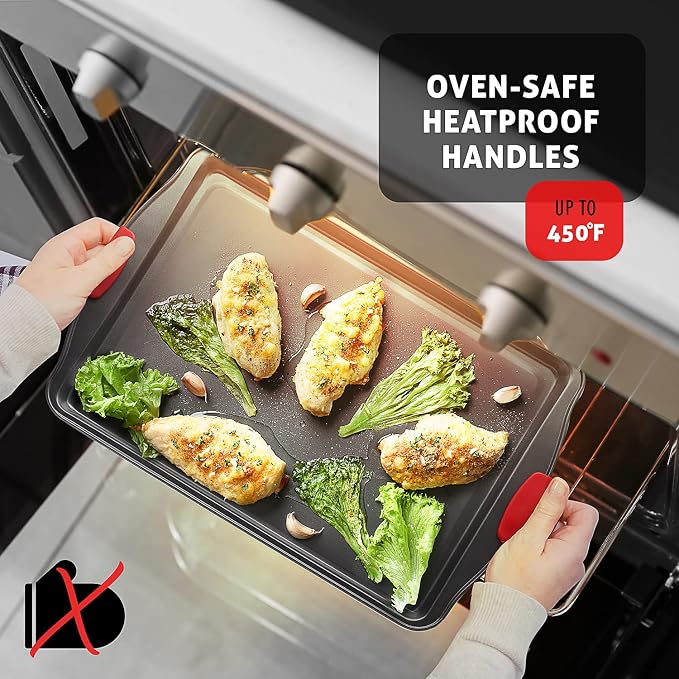 Baking Sheet Set, 3-Piece Cookie Sheet Set with Silicone Handles, Steel Baking Pan, Durable Baking Sheets for Oven, BPA Free Cookie Sheets for Baking Nonstick Set, Premium Sheet Pan, Black Baking Tray - Image 4