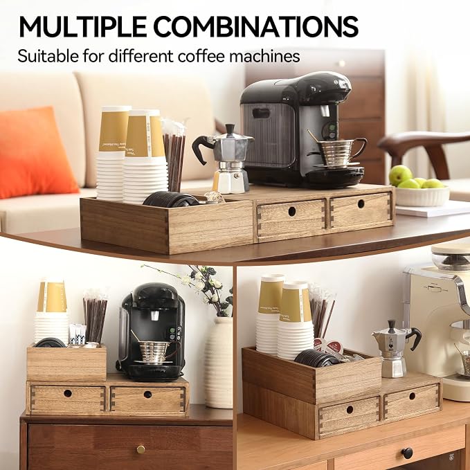 KIRIGEN Wooden Coffee Station Organizer with Drawers, K Cup Holder, Brown | 2 Piece Solid Wood Set Storage Box Holds 40+ Pods, Tea Bags, Sugar with Modular Storage for Counters and Coffee Bars - Image 6