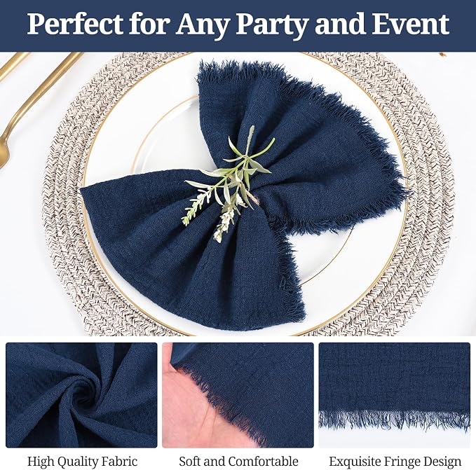 50 Pack Navy Blue Cloth Napkins, 16 x 16 Inch Cotton with Fringe Settings | Handmade washable reusable cotton dinner napkins in bulk for weddings, parties, rustic boho table settings - Image 5