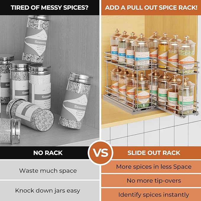 Mystozer Pull Out Spice Rack Organizer for Cabinet, Slide Out Spice Racks, Easy to Install, 7.08" Wx10.43 Dx8.26 H, 2 Drawers 2 Tiers(Silver) - Image 6