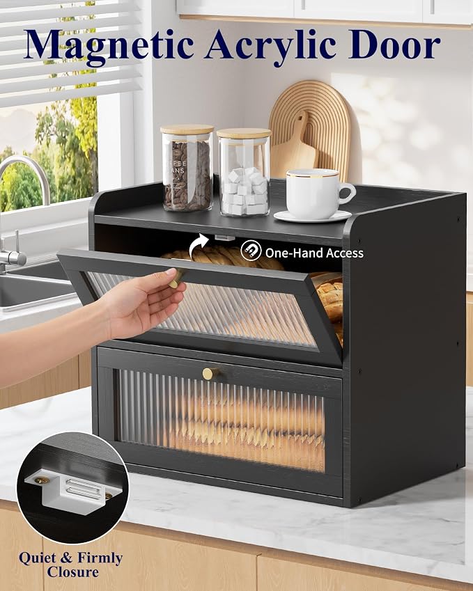 Kitsure Wooden Bread Box for Kitchen Countertop, Large Capacity, Black | 2-Tier Bamboo Bread Container, Bread Storage Container with Magnetic Acrylic Door, Pantry Organizers and Storage for Loaves - Image 2