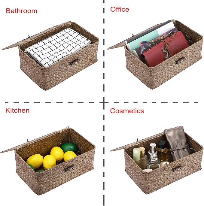 Hipiwe Wicker Shelf Baskets Bin with Lid Small Handwoven Storage Basket Box | Natural Seagrass Basket Bins Rectangular Household Basket Boxes for Shelf Wardrobe Home Organizer, Coffee - Image 4