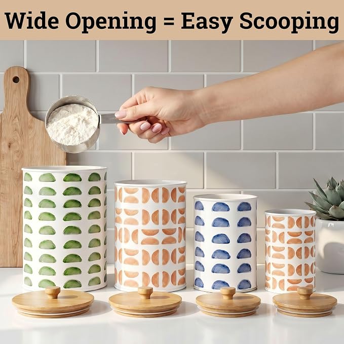 Kitchen Canisters for Countertop Set of 4, Patterned Iron w/ Airtight Lids | Airtight Easy Open Bamboo Lids - Dent-Resistant Thick Metal - Sturdy Comfortable Bamboo Handles - Unique Printed Pattern - Image 7