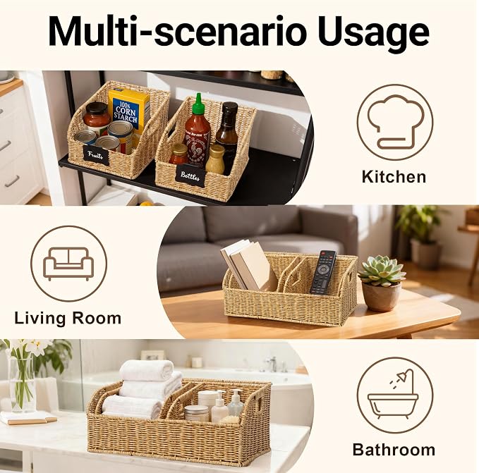 Brownlily Faux Wicker Pantry Storage Baskets, Natural-Double Set (6-Piece) | Handwoven Baskets for Organizing with Built-in Handles, All-Purpose Storage Baskets with Chalkboard for Shelves,Laundry Room - Image 5