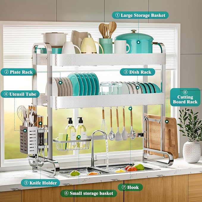 HOWDIA 3-Tier Over The Sink Dish Drying Rack, 304 Stainless Steel | Honeycomb Design, Cutlery Holder & Chopping Board Rack, 33.86” x 11.81” x 33.07” for Maximum Kitchen Storage - Image 5