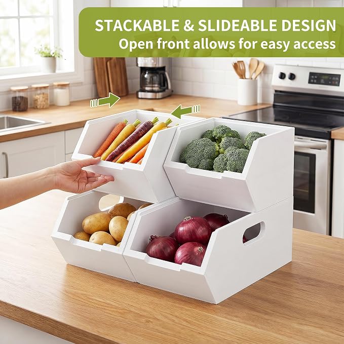 Bamboo Pantry Storage Bins Set, Potato and Onion Storage Bin for Countertop | Open Front Storage Bins, Large Capacity, Stackable Design, Cut-out Handles, FSC-certified Bamboo, No Assembly, White - Image 5