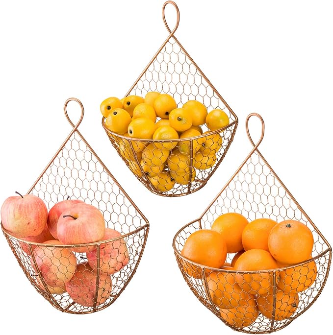 MyGift Set of 3, Farmhouse Copper Metal Wire Mesh Wall Hanging Baskets, Wall-Mounted Storage Basket, Decorative Kitchen Fruit Wall Basket Produce Holder - Image 7