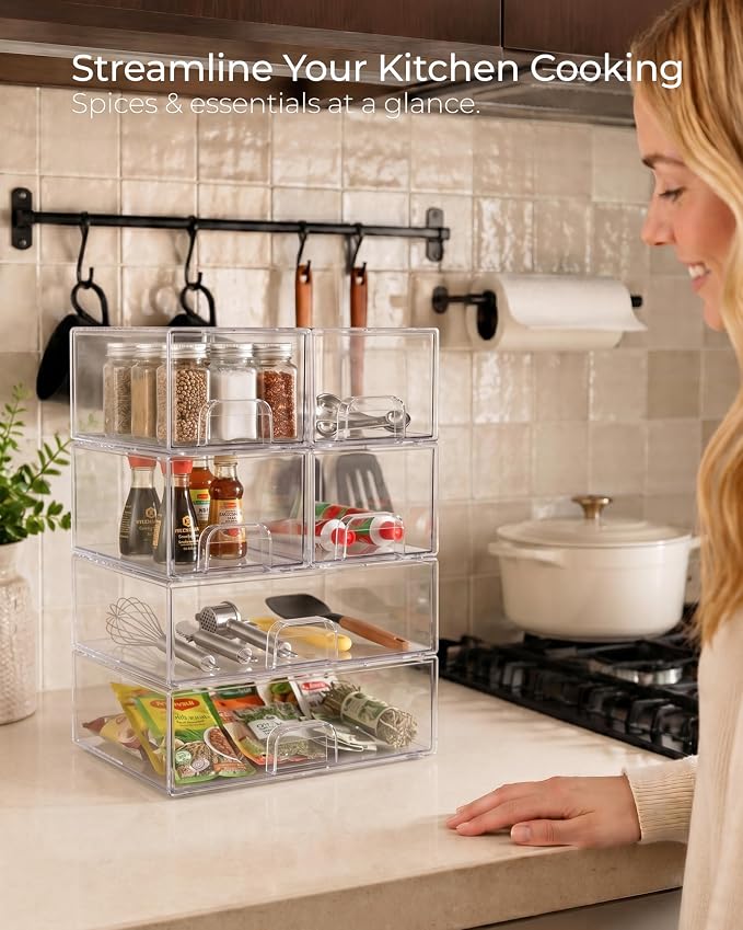 Stackable Storage Drawer Organizers Set of 6 for Bathroom Organizer Storage | Clear Plastic Organizer Bins for Baby Bottle, Kitchen Under Sink, Laundry, Pantry, Beauty, Cabinet, Medicine, Office Supplies - Image 4