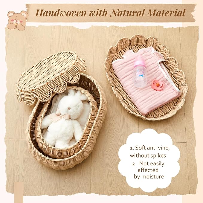 2 Pcs Scalloped Rattan Baskets, Baby Diaper Caddy, Imitation Woven Rattan Wicker Storage Baskets Plastic with Lid for Nursery Storage Organizer Bathroom Decor (Natural,Small,Medium) - Image 4
