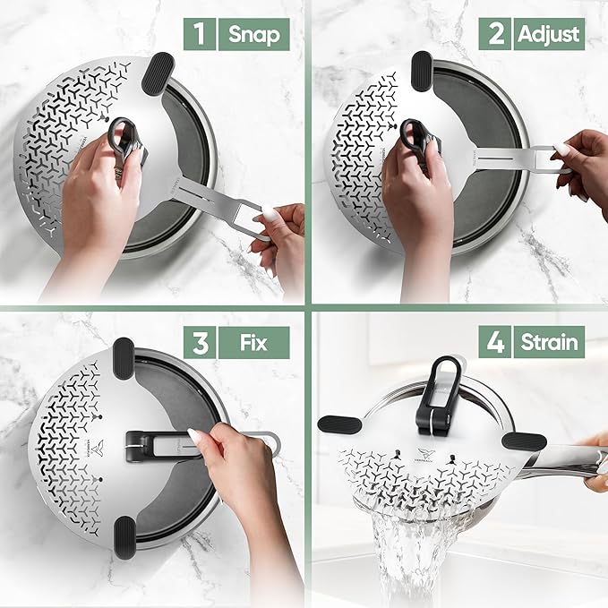 Kitchen Strainer & Pot Drainer Clip-On Stainless Steel Colander for Pots & Pans (6.5-9.5 in / 16-24 cm) | Universal Fit Pasta & Noodle Strainer | Hands-Free Swiss Design, Dishwasher-Safe - Image 3