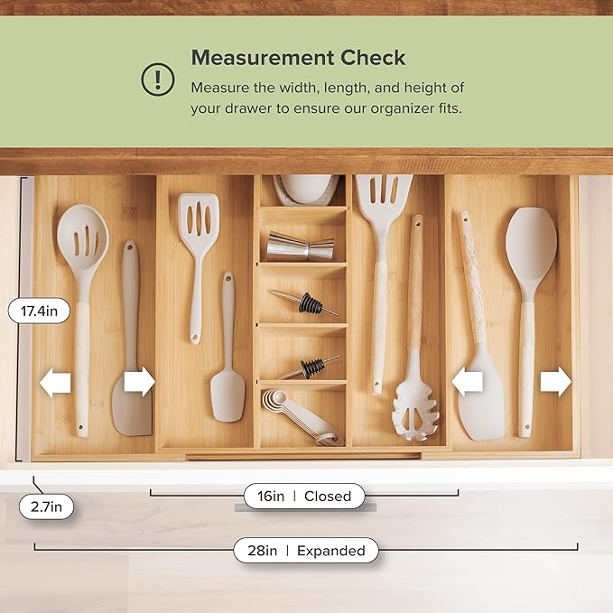 Utensil & Junk Drawer Organizer, 16-28 in, Bamboo | Food-safe contract grade, 100% sustainable wood, non-slip, adjustable - Image 4