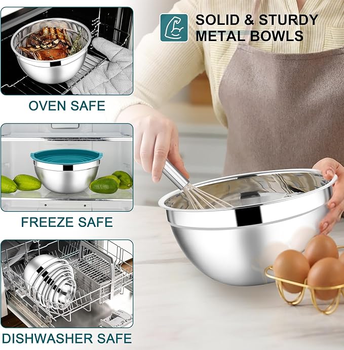 E-far Mixing Bowls with Lids Set, 7-Piece Stainless Steel Mixing Bowls with 3 Grater Attachments, Size 4.6, 3.5, 2.6, 2, 1.5, 1, 0.7QT, Metal Nesting Bowls & Blue Airtight Lids, For Baking/Cooking - Image 6