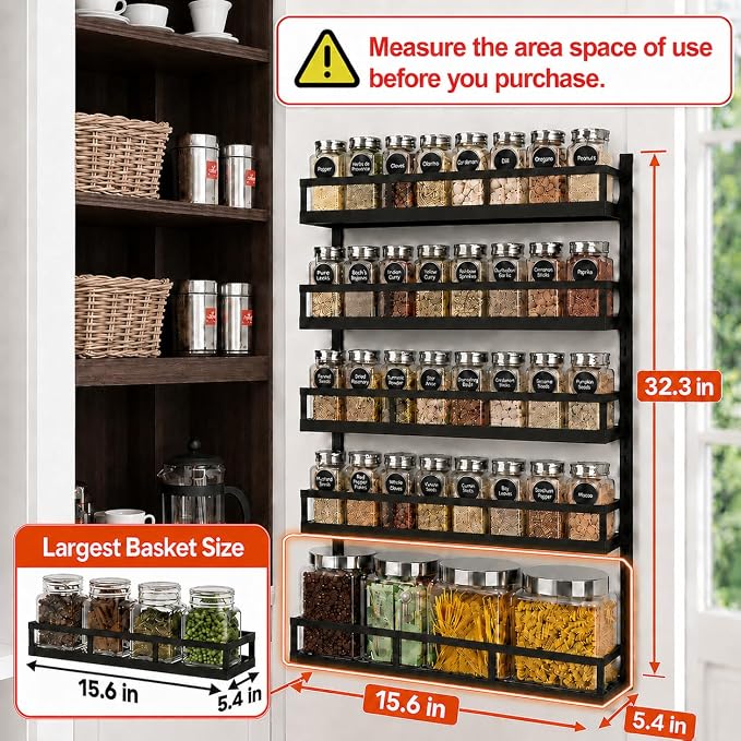 X-cosrack Wall Mount Spice Rack Organizer 5 Tier Height-Adjustable Hanging Spice Shelf Storage for Kitchen Pantry Cabinet, Dual-Use Seasoning Holder Rack with Hooks, Black-Patented - Image 7