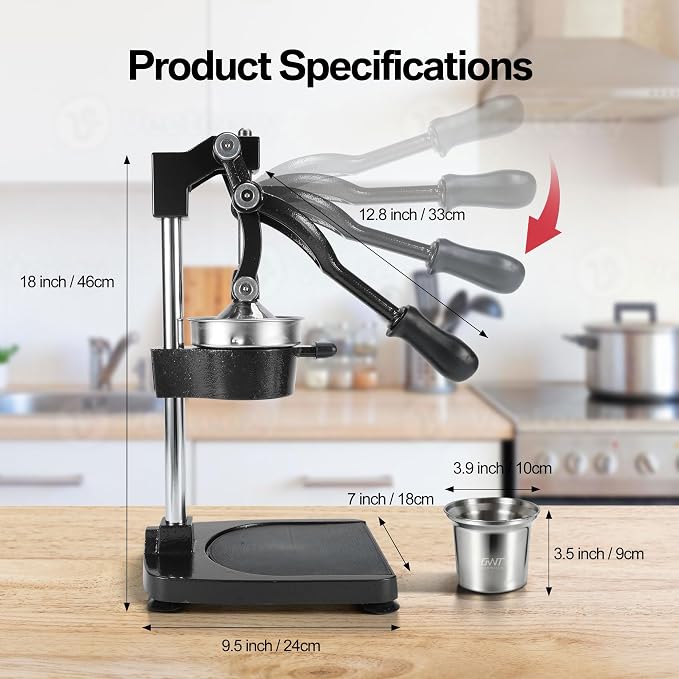 18 Inch Height Commercial Heavy Duty Cast Iron Hand Press Manual Orange Citrus Lemon Lime Grapefruit Pomegranate Fruit Juice Squeezer Machine with Stainless Steel Cup and Durable Base Black - Image 7