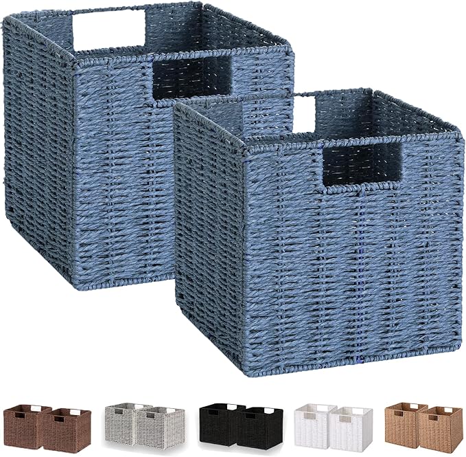 Wicker Baskets for Storage, Set of 4 Hand-Woven Wicker Storage Baskets for Shelves, Cube Storage Baskets Bins with Handles, Wicker Basket for Organizing Pantry Bedroom, Blue - Image 2