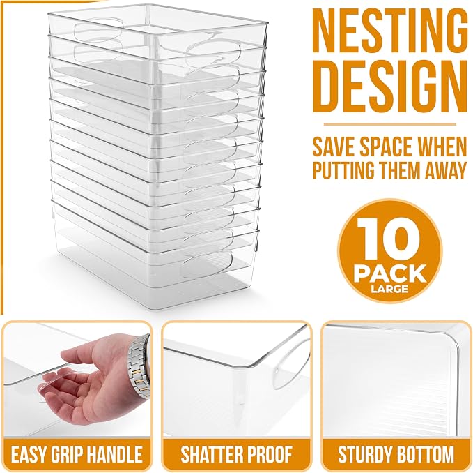 Sorbus Large Clear Plastic Storage Bins, 10 Pack Clear Organizer Bins with Handles, Plastic Storage Bins for Closet, Pantry, Fridge, Medicine Cabinet Organizer, Shelves, Freezer, Drawer - Image 2