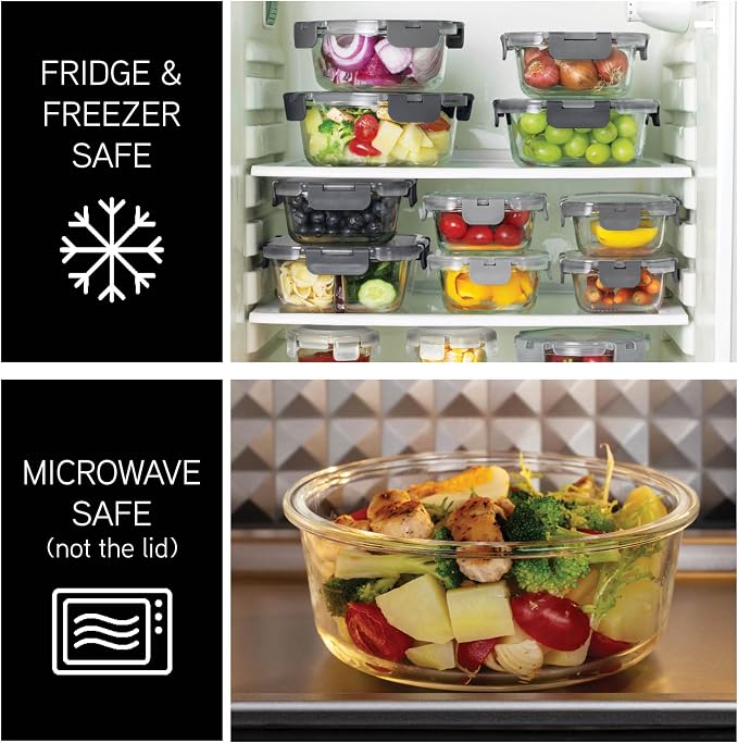 COOK WITH COLOR Premium 32-Pc. Borosilicate Glass Food Container Set with Dividers - 4 Rectangles, 8 Rounds, 4 Squares - Leakproof Lids - Meal Prep, Storage, Ombre Black - Image 4