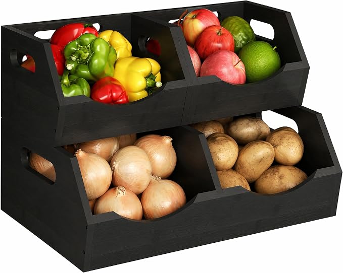 Potato and Onion Storage Bin, 2 Tier Bamboo Kitchen Storage Rack, Stackable Ventilated Pantry Organizer with Handles for Garlic Peppers Vegetables, Countertop Produce Bins, Black(Assembly Required) by Unknown