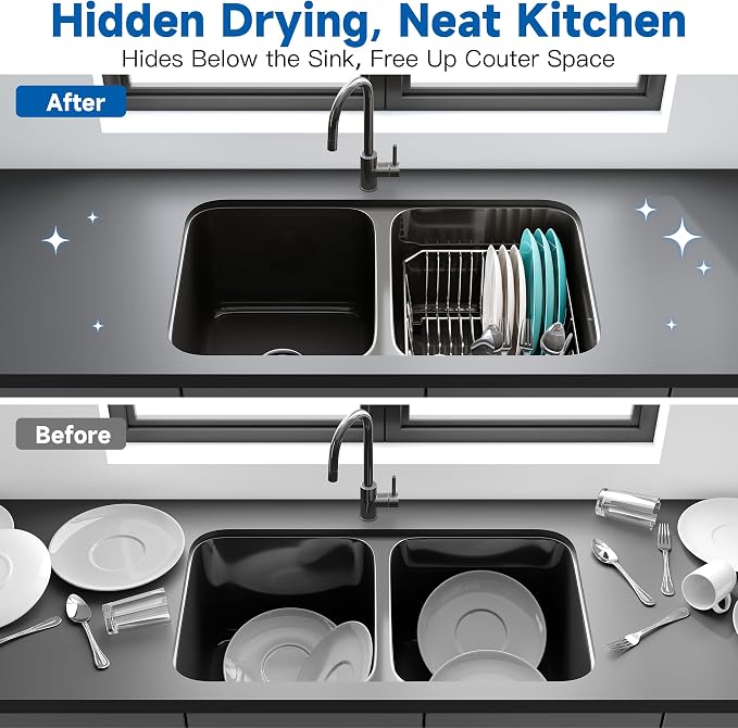 JASIWAY in Sink Dish Drying Rack, Stainless Steel Small Dish Drainer | Perfect Fit 12"x14" Double Bowl Sink, Counter Space Saving for Kitchen, Apartment, Sturdy Dish Dryer with Utensil Holder - Image 3