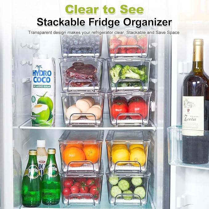 4-Pack Refrigerator Drawer Organizer Bins, Clear Stackable Pull Out Fridge Organizers and Storage Container, with Strainer Layer for Fruits, Vegetables, Drinks, Snack and Food - Image 5