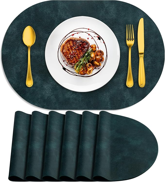 ADRIMER Placemats, Heat Resistant Oval Placemats Set of 6 Washable 12 x 17 Inch, Waterproof Table Mats, Wipeable Pu Place Mats for Kitchen, Dining Room, Dark Blue by Adrimersdreamistobeanindispensablecompanioninyourlife