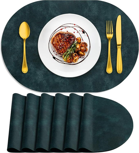 ADRIMER Placemats, Heat Resistant Oval Placemats Set of 6 Washable 12 x 17 Inch, Waterproof Table Mats, Wipeable Pu Place Mats for Kitchen, Dining Room, Dark Blue by Adrimersdreamistobeanindispensablecompanioninyourlife