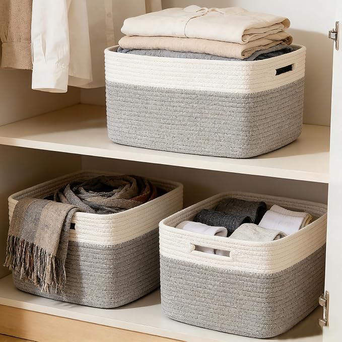 3 Pack Woven Baskets,Storage Baskets for Shelves with Handles | 13.5"×11"×9.5", Closet Baskets, Nursery Organizer for Toys Towels Books, Storage Bin for Living Room Bedroom (White & Grey) - Image 6