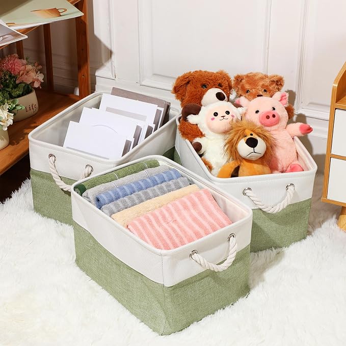meekoo 8 Pack Collapsible Storage Bins Fabric Storage Bins Polyester Fabric Baskets with Handles Linen Closet Organizer for Shelf Home Closet Towels Toys(15 x 11 x 9.5 in,Green White) - Image 4