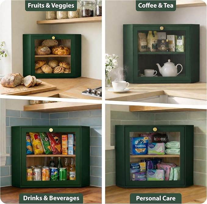 2 Tier Corner Bread Box for Kitchen Countertop, Green | Space-saving, food-safe bamboo corner countertop cabinet featuring a modern brass knob & controlled airflow. - Image 4