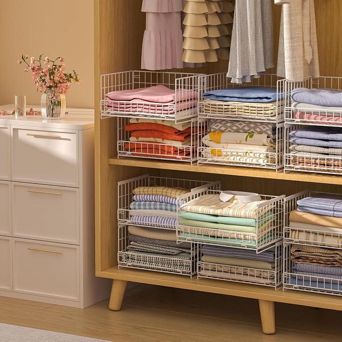 Hongtamoya 4-Tier Sliding Closet Organizers and Storage Shelves, Stackable Closet Shelf Organizer Basket Bins, Drawer Shelf Storage Container for Wardrobe Cupboard Kitchen Bathroom Office, White - Image 2