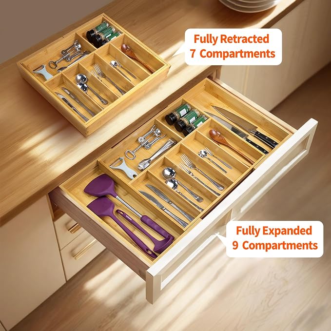 Utoplike Extra Large Kitchen Drawer Organizer, Solid Bamboo Silverware Tray | Expandable Drawers Organizer Holder for Utensils, Cutlery, Silverware, Flatware and Spatulas, Adjustable 7-9 Slots - Image 4