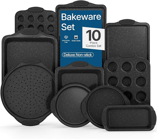 BAKKEN Kitchen Baking Pan Set - Nonstick Coating, Carbon Steel Bakeware Sets with Gray Silicone Handles, Baking Kitchen Essentials, PFOA, PFOS, PTFE Free, Oven Safe Tray (Up To 450° F), Set of 10 by BAKK%C3%8BNMASTER