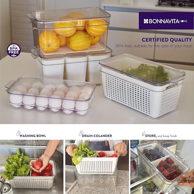 Clear Stackable Storage Containers with Lids BPA-Free Organizer Bins for Refrigerator Pantry Fridge Drawer with Colander and Dividers for Kitchen Food Preservation and Home Organization BPA Free - Image 4