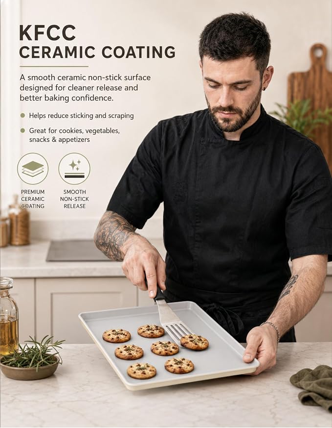 Ceramic Baking Sheet Half Size 17"x11" - Heavy Duty 0.6mm Aluminized Steel Pan, KFCC Ceramic Coating Nonstick Cookie Sheet, Oven Safe to 550°F, Rustproof & Warp Resistant Baking Tray - Image 4