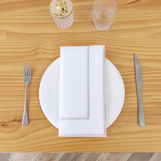 Majestic Giftware Set of 12 Polyester Napkins (NPK-GR) | White Grey Trim Design Dinner Napkins Cloth | Linen Look Washable Cloth Napkins Set for Weddings, Banquets, or Restaurants (20" x 20") by MajesticGiftware